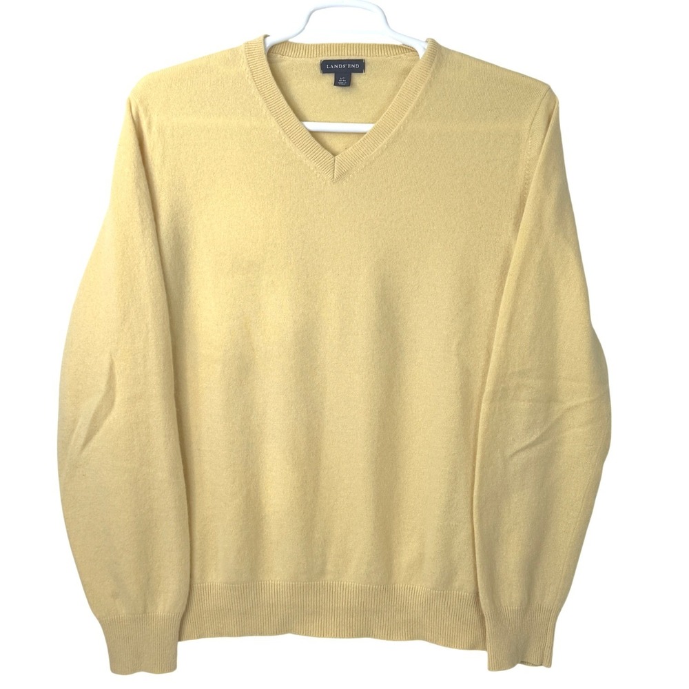 Lands' End V-Neck Cashmere Sweater Yellow Mens L/T Tall‎ Preppy Old Money